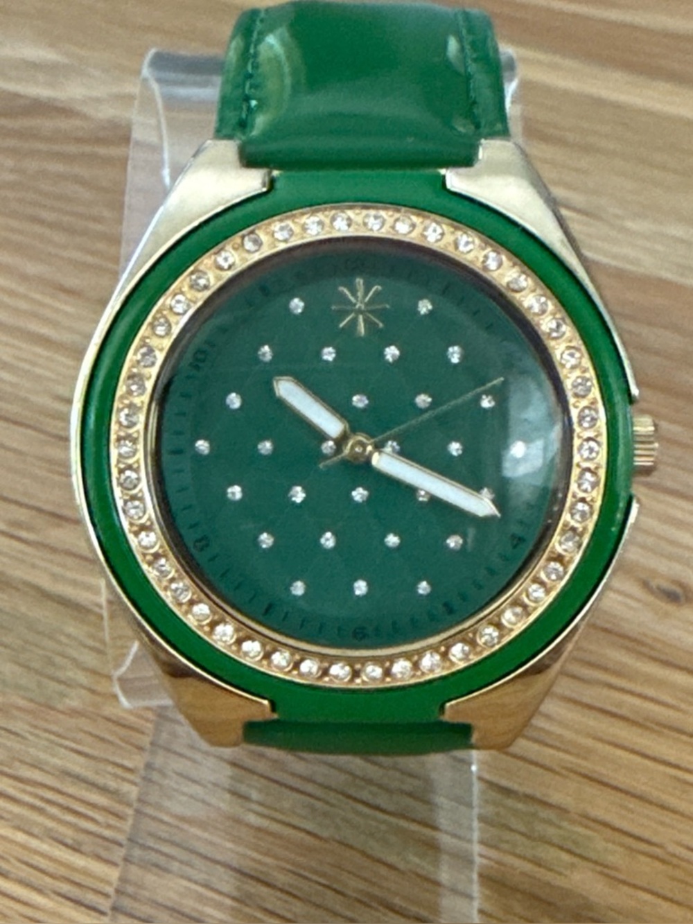 Isaac Mizrahi Live Kelly Green Crystal Accent Watch - Gold Trim, Patent Band